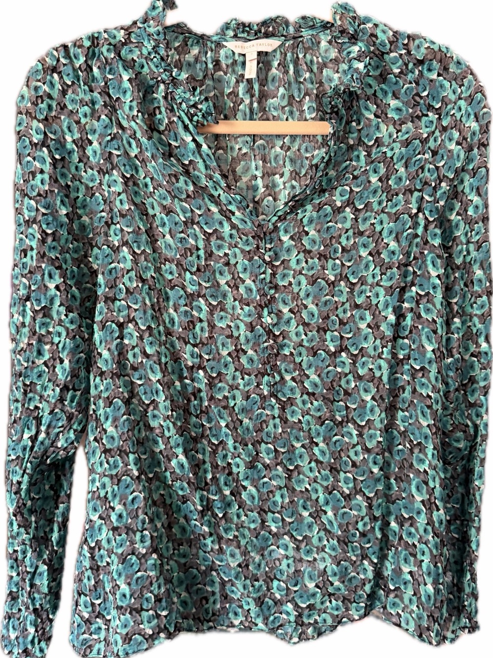 Rebecca Taylor Teal and Gray Floral V-Neck Blouse
